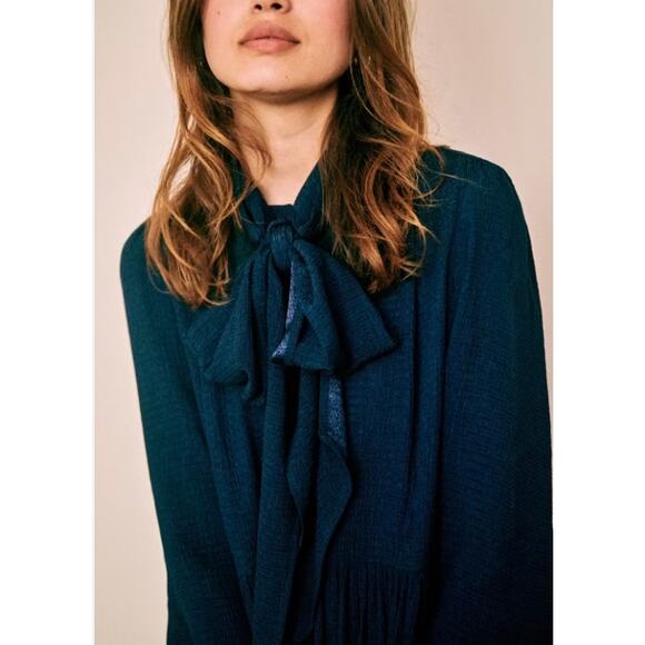 Sezane Selena Tie Neck Long Sleeve Navy Blue Tiered Dress - Picture 7 of 15